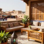 A beautiful terrace of a traditional Riad in Fez, showcasing intricate Moroccan architecture. In the foreground, vibrant potted plants, ornate lanterns, and colorful ceramic tiles invite admiration. The middle ground features elegant wooden furniture with plush cushions, arranged for comfort and relaxation under the warm sun. In the background, the historic medina of Fez stretches out, with its bustling atmosphere and artisan shops visible. Natural light filters softly through traditional wooden latticework, casting gentle shadows and creating a tranquil ambiance. The mood is serene and inviting, perfect for a leisurely stay, highlighting the intricate craftsmanship of local artisans. Capture this scene from a slightly elevated angle to emphasize the layout and surroundings, ensuring a realistic and immersive representation without any distortions.
