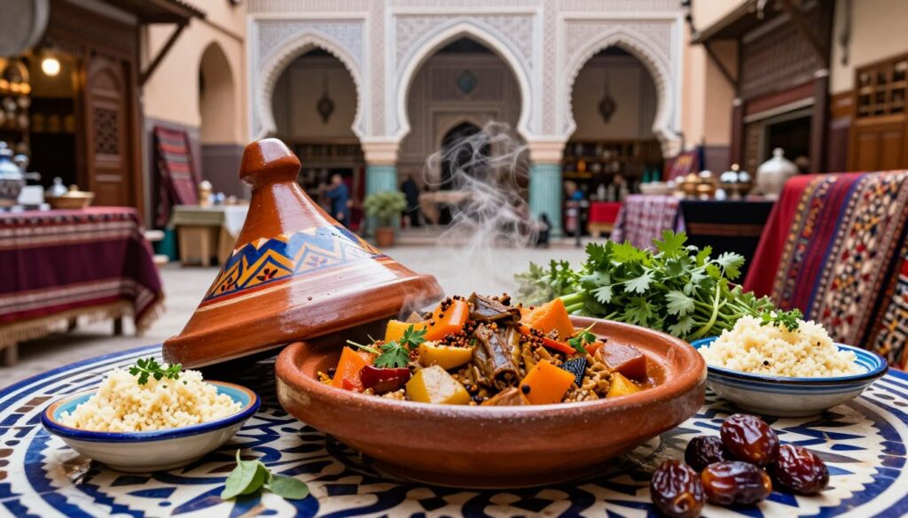 A beautifully arranged traditional Moroccan tajine, set on an intricately patterned table in a vibrant Fez medina. The foreground features a colorful, ceramic tajine with its distinctive conical lid, brimming with steaming, aromatic tagine stew filled with vegetables and spices. Surrounding it are fresh herbs, dates, and a small bowl of couscous, all artfully presented. In the middle ground, artisan crafts and rich textiles accentuate the scene, creating a glimpse of the bustling local market atmosphere. The background reveals gracefully arching architecture typical of Moroccan design, with natural light streaming through, highlighting the rich colors and textures. The mood is warm and inviting, evoking a sense of culinary heritage and cultural immersion.