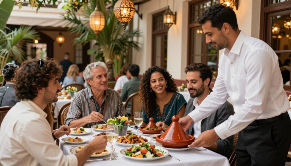 A beautifully set table at Rick's Café in Casablanca, featuring elegant Moroccan cuisine including vibrant tagines and fresh salads. In the foreground, a waiter in a smart white shirt serves guests, with expressions of delight as they savor the dishes. The middle ground showcases diners of diverse backgrounds engaged in lively conversation, dressed in smart casual attire, enjoying the lively ambiance. The background captures the café's iconic architecture, adorned with exotic lanterns and lush, indoor greenery. Soft, natural lighting streams through large windows, casting warm tones across the scene. The atmosphere is inviting and nostalgic, evoking emotions of connection and joy. Alt text: Tavern atmosphere, diverse guests enjoying Moroccan cuisine.