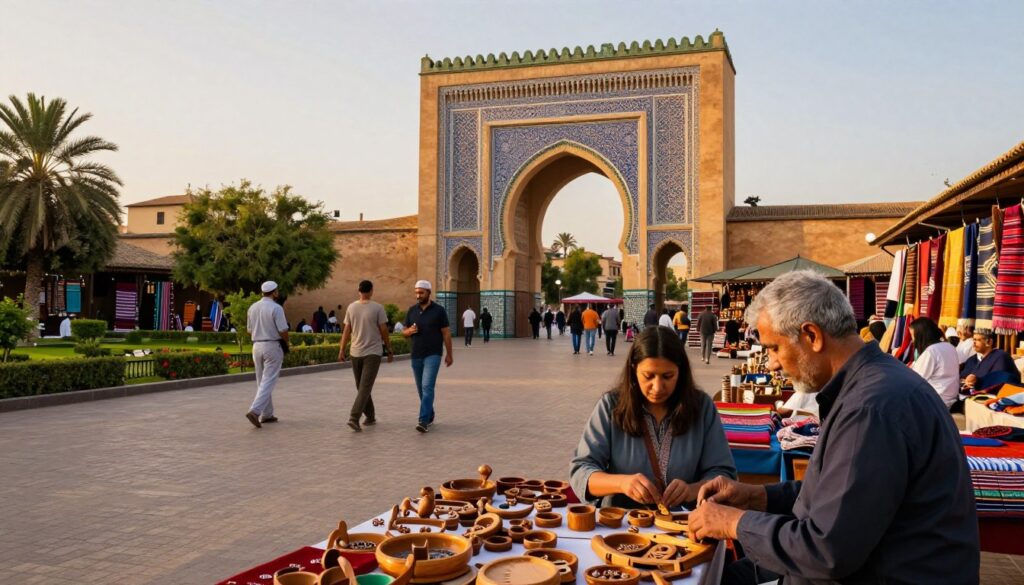A breathtaking view of Bab Mansour, the grand monumental gate in Meknes, showcasing its intricate tilework and impressive archways. In the foreground, artisans crafting wooden souvenirs and vibrant textiles, reflecting the local craftsmanship. The middle ground features tourists exploring the area, dressed in modest casual clothing, capturing the beauty of the gate. The lush gardens and bustling souks surround the gate in the background, filled with colorful fabrics and handmade goods. Golden hour lighting bathes the scene in warm tones, highlighting the details of the architecture and creating a welcoming atmosphere. The angle captures both the grandeur of the gate and the vibrant life that surrounds it, evoking a sense of culture and adventure.