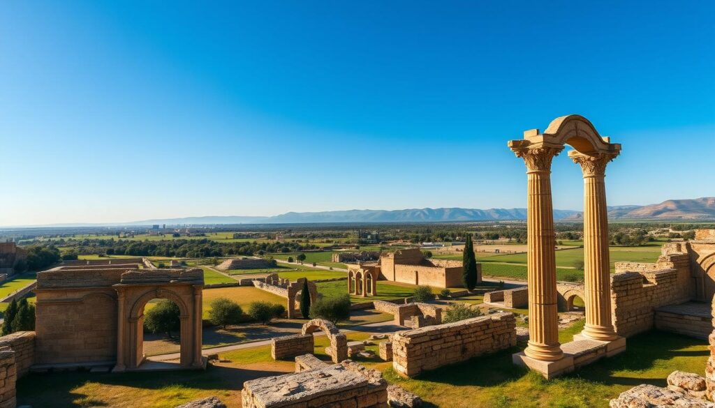 A breathtaking view of the ancient Roman ruins of Volubilis, situated in a serene landscape under a bright blue sky. In the foreground, intricately carved stone columns and arches remarkably preserved, adorned with delicate mosaics. In the middle ground, scattered remnants of historical structures like basilicas and temples, surrounded by lush green fields and olive trees, indicating the charming rural setting. The background features the distant Rif Mountains, adding depth to the scene. The lighting is soft and warm, suggesting either early morning or late afternoon, with long shadows enhancing the textures of the ruins. The atmosphere is tranquil yet timeless, capturing the essence of an ancient civilization, perfect for illustrating day trips from Fez.