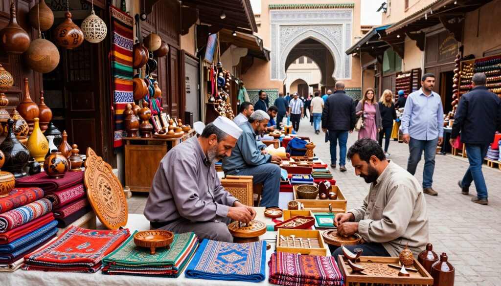 A bustling Meknes market scene featuring artisans crafting beautiful wooden objects and vibrant textiles in a traditional souk. The foreground showcases craftsmen at work, dressed in modest casual clothing, surrounded by colorful fabrics and intricate woodwork. In the middle ground, various stalls are filled with handcrafted goods, while locals and tourists interact and browse. The background captures the architectural beauty of Meknes, with intricate Moroccan designs and mosaic patterns. Natural light filters through the market, creating a warm and inviting atmosphere. The image conveys a sense of cultural richness and community, highlighting the essence of a two-day itinerary in Meknes.