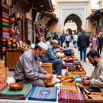 Tour e Escursioni da Meknes 4 A bustling Meknes market scene featuring artisans crafting beautiful wooden objects and vibrant textiles in a traditional souk. The foreground showcases craftsmen at work, dressed in modest casual clothing, surrounded by colorful fabrics and intricate woodwork. In the middle ground, various stalls are filled with handcrafted goods, while locals and tourists interact and browse. The background captures the architectural beauty of Meknes, with intricate Moroccan designs and mosaic patterns. Natural light filters through the market, creating a warm and inviting atmosphere. The image conveys a sense of cultural richness and community, highlighting the essence of a two-day itinerary in Meknes.