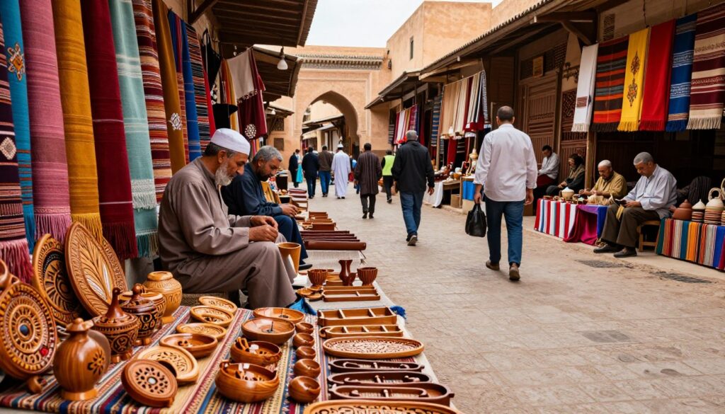 A bustling Moroccan souk in Meknes, showcasing artisans crafting wooden items and weaving textiles, surrounded by colorful fabrics hanging from stalls. In the foreground, a collection of beautifully made wooden crafts lies on a traditional woven mat. In the middle ground, local artisans can be seen engaging with customers, dressed in modest casual clothing, reflecting the vibrant culture. The background features the sun-drenched architecture of Meknes, with warm, natural lighting casting soft shadows. The composition is captured with a wide-angle lens, emphasizing the lively atmosphere and inviting ambiance of the market, creating a sense of warmth and craftsmanship.
