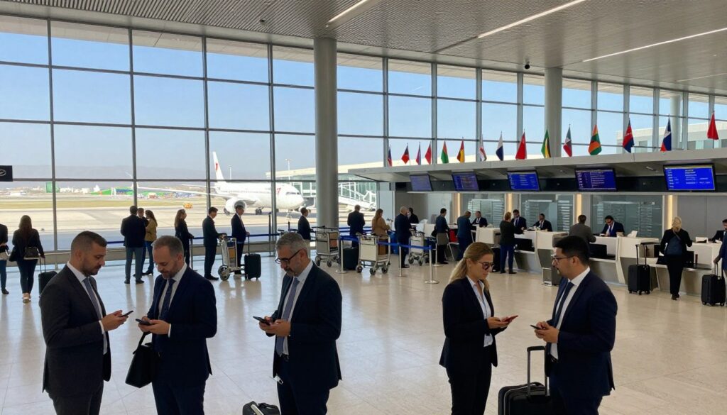 A bustling scene at the Casablanca Airport, showcasing the modern architecture of the terminal with large glass windows reflecting natural light. In the foreground, a diverse group of business travelers in professional attire are interacting, some checking their phones while others consult a digital flight display. The middle ground features check-in counters with staff assisting passengers, luggage carts, and a variety of flags showcasing different countries. In the background, the runway is visible with planes preparing for takeoff under a clear blue sky. The atmosphere is lively and welcoming, capturing the essence of international travel and connection. Aeroporto di Casablanca, scene vivace di viaggiatori.