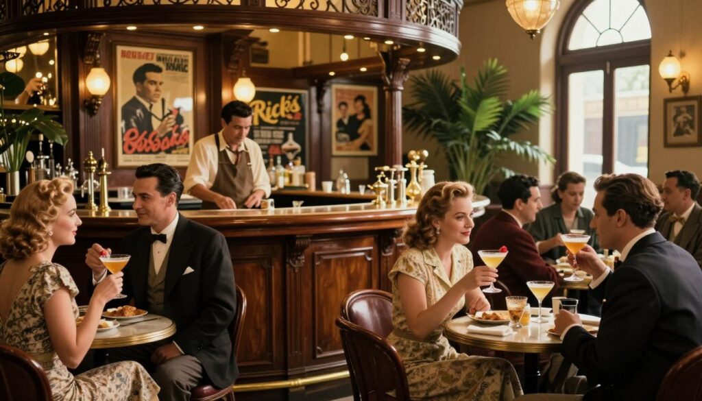A bustling scene of Rick's Café in Casablanca, capturing the historical charm reminiscent of the 1940s. In the foreground, elegantly dressed patrons engaged in animated conversations, sipping classic cocktails. The middle layer features an ornate bar with aged wooden detailing and a mix of warm, golden lighting, casting soft shadows. In the background, vintage film posters adorn the walls alongside lush green plants, evoking a rich atmosphere. Large windows allow natural light to filter in, illuminating the café’s ambiance. The overall mood is nostalgic and inviting, reflecting the glamorous yet intimate vibe of the iconic establishment, with a focus on authenticity and warmth. Alt text: Rick's Café in Casablanca, atmosfera storica e accogliente.