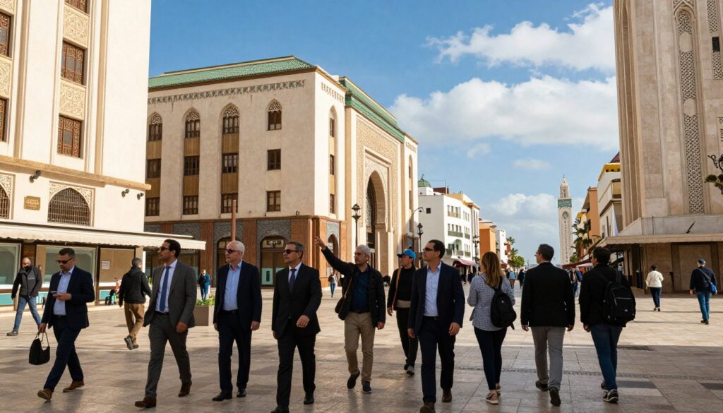A bustling street scene in Casablanca, showcasing Art Deco architecture with elegant geometric designs and intricate motifs. In the foreground, a diverse group of individuals, dressed in professional business attire and modest casual clothing, are engaged in a walking tour, pointing out architectural details. The middle ground features iconic buildings, like the Hotel Le Doge and the Palais de la Méditerranée, with their stunning facades catching natural sunlight. The background reveals a clear blue sky with white clouds, enhancing the vibrant atmosphere. The scene captures the essence of exploration and cultural appreciation, with a warm, inviting mood. Shot with a wide-angle lens to emphasize depth and perspective, highlighting the interplay of light and shadow on the buildings. Persone che esplorano l'architettura Art Déco di Casablanca.