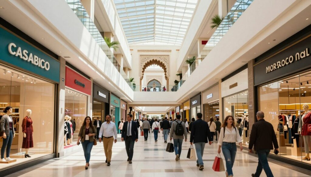 A bustling view of Morocco Mall in Casablanca, showcasing its modern architecture and vibrant shopping atmosphere. In the foreground, colorful storefronts with elegant display windows are lined up, attracting shoppers. In the middle, diverse groups of people in professional attire and casual clothing walk through the mall, enjoying their shopping experience. The background features a grand atrium with a stunning glass ceiling, allowing natural light to illuminate the space, enhancing the lively ambiance. Soft shadows and highlights create depth, capturing the essence of exploration and commerce. The angle is wide, providing a comprehensive view of the mall's grandeur. The scene reflects a lively, welcoming atmosphere, perfect for a shopping adventure. Shopping a Casablanca: Morroco Mall 2026.