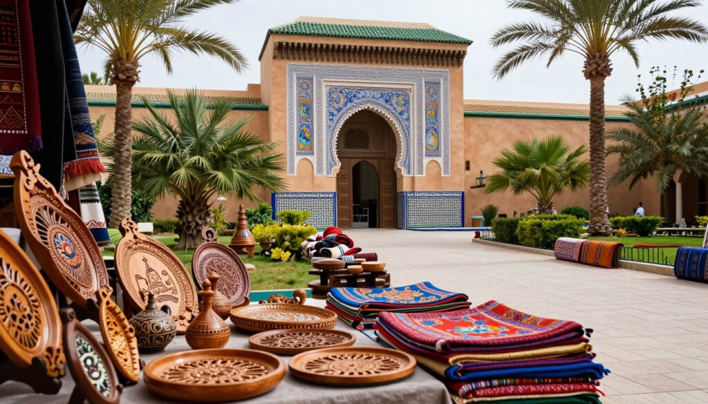 A captivating view of the Museo Dar Jamaï in Meknes, showcasing its stunning architecture and intricate details. In the foreground, traditional Moroccan artisans display beautiful wooden crafts and textiles for sale in an inviting souk atmosphere. The middle ground features the museum's grand entrance adorned with ornate tiles and vibrant murals, highlighting the rich cultural heritage of the region. The background includes lush gardens and palm trees bathed in soft natural light, creating a serene and welcoming ambiance. The scene captures the vibrant colors and textures of Moroccan craftsmanship, evoking a sense of history and artistry. The image should be taken from a slightly elevated angle to provide depth and context, conveying the charm and allure of this must-visit attraction in Meknes.