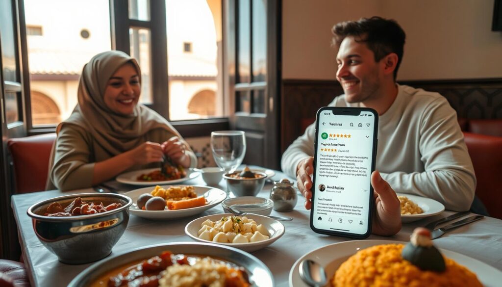A cozy restaurant scene in Meknes featuring an elegantly set table with authentic Moroccan cuisine, such as tagine and couscous, enhancing the culinary aspect. In the foreground, a couple in modest casual clothing enjoy their meal, their expressions reflecting satisfaction and delight. In the middle ground, several plates of food are artfully arranged, with a smartphone displaying a glowing review of the restaurant beside them. In the background, traditional Moroccan architecture can be seen through an open window, allowing soft, natural light to filter in and create a warm atmosphere. The overall mood is inviting and genuine, emphasizing the authenticity of online reviews while showcasing the rich cultural elements of the dining experience.