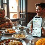 A cozy restaurant scene in Meknes featuring an elegantly set table with authentic Moroccan cuisine, such as tagine and couscous, enhancing the culinary aspect. In the foreground, a couple in modest casual clothing enjoy their meal, their expressions reflecting satisfaction and delight. In the middle ground, several plates of food are artfully arranged, with a smartphone displaying a glowing review of the restaurant beside them. In the background, traditional Moroccan architecture can be seen through an open window, allowing soft, natural light to filter in and create a warm atmosphere. The overall mood is inviting and genuine, emphasizing the authenticity of online reviews while showcasing the rich cultural elements of the dining experience.
