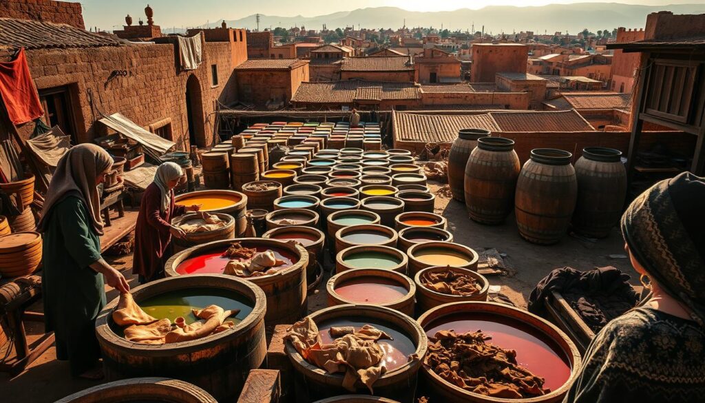 A detailed view of the traditional leather tanning process in Fez, Morocco, showcasing the vibrant and colorful tanneries. In the foreground, skilled artisans wearing modest clothing are skillfully working with soaked animal hides in large vats filled with natural tanning solutions, surrounded by an array of vivid dyes. The middle ground features rows of large wooden barrels filled with various colored liquids, alongside tools and equipment used in the tanning process. The background reveals the bustling atmosphere of the Chouara Tannery, with sun-drenched rooftops of the ancient city and the Atlas Mountains faintly visible in the distance. The scene is illuminated by warm, soft sunlight, casting rich shadows that enhance the textures of the leather and the environment, evoking a sense of tradition and craftsmanship.