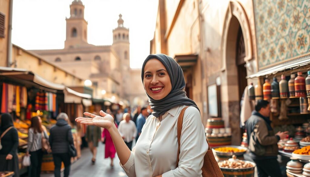 A knowledgeable local tour guide stands confidently in the bustling Medina of Fez, Morocco. She wears modest, professional attire, blending seamlessly into the vibrant surroundings. In the foreground, she gestures toward a stunning intricately designed tile mosaic on a historic building, showcasing her expertise. The middle ground features lively market stalls with colorful textiles and spices, bustling with local shoppers, while the background reveals the towering minarets and elaborate architecture of the ancient city. Soft, warm afternoon light filters through the narrow alleyways, creating a welcoming atmosphere. The focus is sharp, capturing the essence of daily life in Fez, inviting viewers to explore the rich cultural heritage of this historic city.