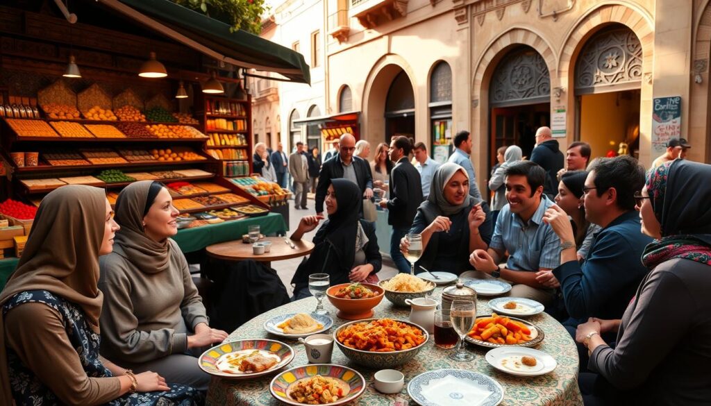 A lively street scene in Fez, Morocco, showcasing a charming outdoor dining area filled with gourmet travelers sampling traditional Moroccan cuisine. In the foreground, a beautifully adorned table features colorful plates of tagine, couscous, and mint tea, surrounded by elegantly dressed people in modest casual clothing, engaged in friendly conversation. The middle ground includes vibrant market stalls displaying spices and fresh produce, creating an inviting, bustling atmosphere. In the background, the iconic architecture of Fez, with its intricate tile work and ornate doorways, adds depth to the scene. Soft, golden hour lighting bathes the area, casting gentle shadows and enhancing the rich colors of the food and surroundings, evoking a warm and inviting mood of culinary exploration. Dove Mangiare Fez A lively street scene in Fez, Morocco, showcasing a charming outdoor dining area filled with gourmet travelers sampling traditional Moroccan cuisine. In the foreground, a beautifully adorned table features colorful plates of tagine, couscous, and mint tea, surrounded by elegantly dressed people in modest casual clothing, engaged in friendly conversation. The middle ground includes vibrant market stalls displaying spices and fresh produce, creating an inviting, bustling atmosphere. In the background, the iconic architecture of Fez, with its intricate tile work and ornate doorways, adds depth to the scene. Soft, golden hour lighting bathes the area, casting gentle shadows and enhancing the rich colors of the food and surroundings, evoking a warm and inviting mood of culinary exploration.