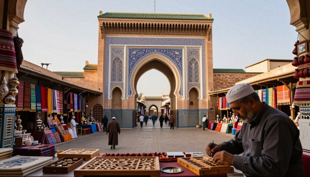 A majestic view of Bab Mansour in Meknes, showcasing its intricate zellije tilework and grand arched entrance. In the foreground, local artisans are carefully crafting wooden decorations and textiles, highlighting traditional craftsmanship. The middle ground features the monumental gate framed by vibrant, bustling souks filled with colorful fabrics and pottery, emphasizing cultural richness. In the background, soft natural light bathes the scene, creating warm highlights and gentle shadows that evoke a serene yet lively atmosphere. The viewpoint is slightly elevated, capturing the grandeur of the gate and the surrounding marketplace. The mood is enchanting and inspiring, reflecting the historical significance and beauty of Bab Mansour.