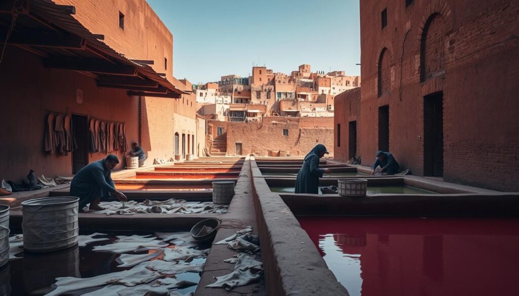 A realistic shot of Chouara Tannery in Fez, Morocco, focusing on the environmental impact of traditional leather production. In the foreground, artisans in modest clothing are seen working with animal hides, highlighting their craftsmanship and the water used in the tanning process. The middle ground features colorful dye pits filled with vibrant colors, creating a stark contrast to the earthy tones of the surrounding structures. In the background, ancient buildings of Fez rise, showcasing a blend of modern and historic architecture. The scene is bathed in warm, natural sunlight, casting soft shadows and creating a sense of realism. The mood reflects a balance of tradition and contemporary challenges, emphasizing the significance of sustainability in this ancient craft.