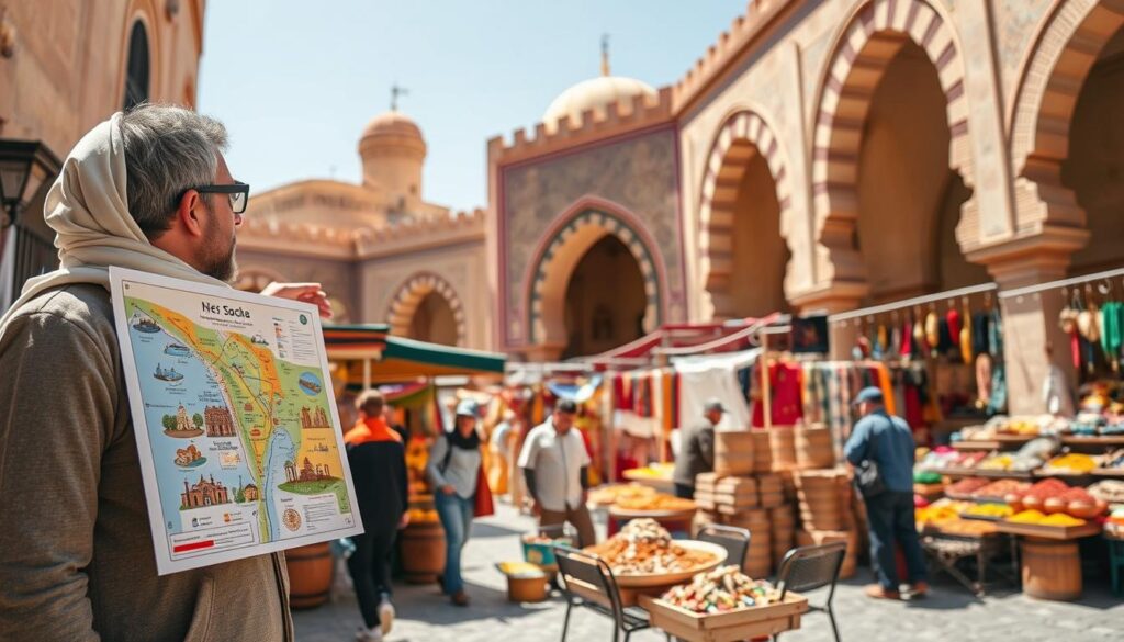 A scenic view of a bustling market in Fez, Morocco, conveying practical tips for day trips. In the foreground, a knowledgeable local guide wearing a modest casual outfit, pointing towards a map with colorful landmarks illustrated. The middle ground features vibrant stalls filled with traditional Moroccan crafts, spices, and textiles, capturing the essence of Fez's rich cultural heritage. The background showcases the iconic architecture of the Medina, with intricate tile work and arched doorways under a clear blue sky. The image is bathed in warm, natural daylight, highlighting the textures and colors. The mood should feel inviting and informative, perfect for inspiring travelers to explore the area authentically.