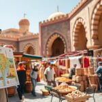 A scenic view of a bustling market in Fez, Morocco, conveying practical tips for day trips. In the foreground, a knowledgeable local guide wearing a modest casual outfit, pointing towards a map with colorful landmarks illustrated. The middle ground features vibrant stalls filled with traditional Moroccan crafts, spices, and textiles, capturing the essence of Fez's rich cultural heritage. The background showcases the iconic architecture of the Medina, with intricate tile work and arched doorways under a clear blue sky. The image is bathed in warm, natural daylight, highlighting the textures and colors. The mood should feel inviting and informative, perfect for inspiring travelers to explore the area authentically.