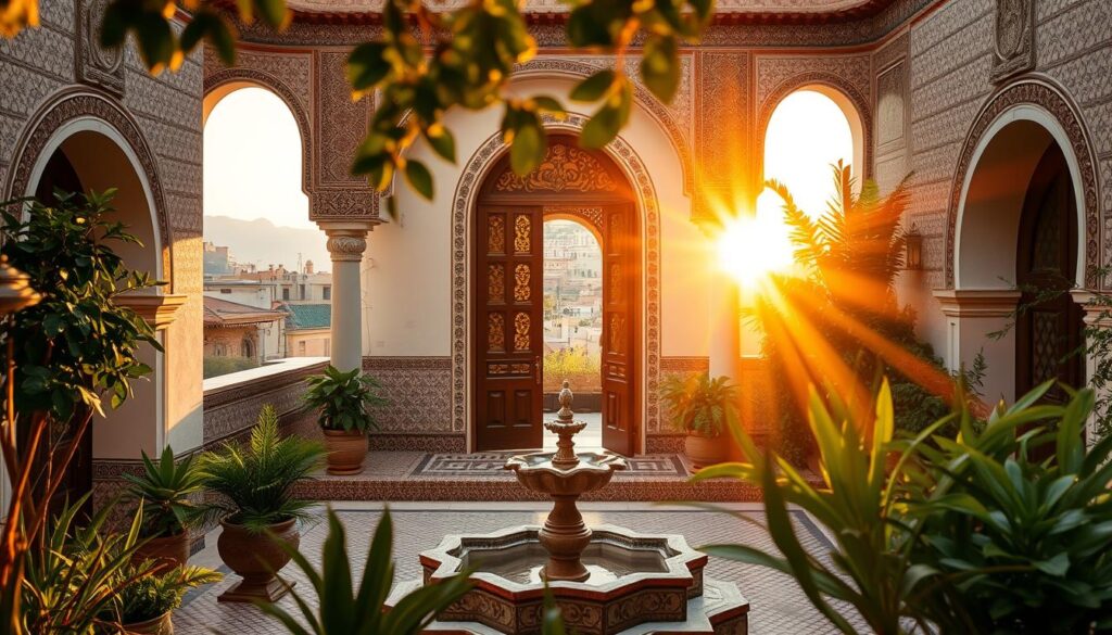 A serene and charming riad in Fez, Morocco, featuring traditional Moroccan architecture with intricate tilework and lush, vibrant greenery. In the foreground, a beautifully decorated courtyard is surrounded by elegant arches and a central fountain, reflecting the calming ambiance. The middle section shows ornate wooden doors and colorful mosaics that invite visitors into the cozy interior. The background highlights the silhouette of historic buildings and the majestic backdrop of the Atlas Mountains, showcasing a warm sunset glow that bathes the scene in golden light. The image captures the inviting atmosphere of a tranquil oasis, perfect for travelers seeking an authentic Moroccan experience. The composition is shot with a soft focus to enhance the dreamlike quality, creating a sense of peace and exploration.