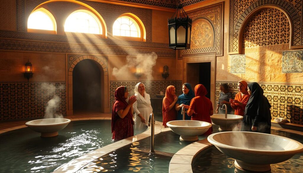 Interno di un hammam tradizionale a Fes, Marocco, con mosaici decorativi artigianali e atmosfera rilassante Interno di un hammam tradizionale a Fes, Marocco, con mosaici decorativi artigianali e atmosfera rilassante