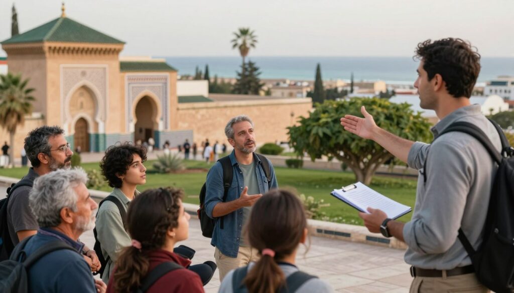 A serene outdoor scene depicting an expert guide giving practical travel tips to a small group of travelers near historical sites in Rabat and El Jadida. In the foreground, an engaged tour guide, dressed in smart casual attire, gestures while holding a notepad, with diverse travelers listening attentively. The middle ground features ancient Moroccan architecture bathed in soft, natural light, showcasing intricate designs and vibrant colors. The background reveals lush greenery and the sparkling coastline, capturing the essence of Morocco's landscape. The atmosphere is warm and inviting, hinting at a friendly and knowledgeable exchange. Photorealistic with a slight depth of field, evoking a sense of adventure and discovery. Un gruppo di viaggiatori in ascolto, consulenze pratiche.