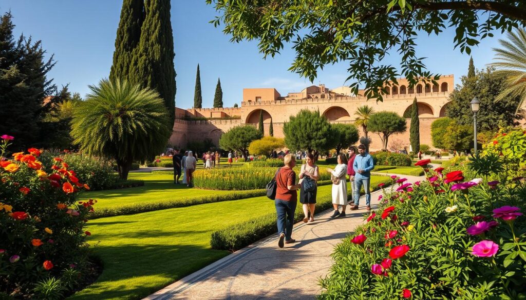 A serene scene in the Jnan Sbil Gardens of Fez, Morocco, showcasing lush greenery and vibrant, colorful flowers in full bloom. In the foreground, a well-maintained garden pathway adorned with intricate, traditional Moroccan tile mosaics leads through the gardens. Middle-ground features groups of visitors, dressed in modest casual clothing, leisurely exploring the oasis while engaging with nature. The background reveals a stunning backdrop of ancient Medina architecture, wrapped in the warm glow of late afternoon sunlight, softly illuminating the scene. Capture the tranquil atmosphere, reflecting the peacefulness and beauty of the gardens, all through a wide-angle lens that brings depth and detail to this enchanting place in a realistic, high-quality style.