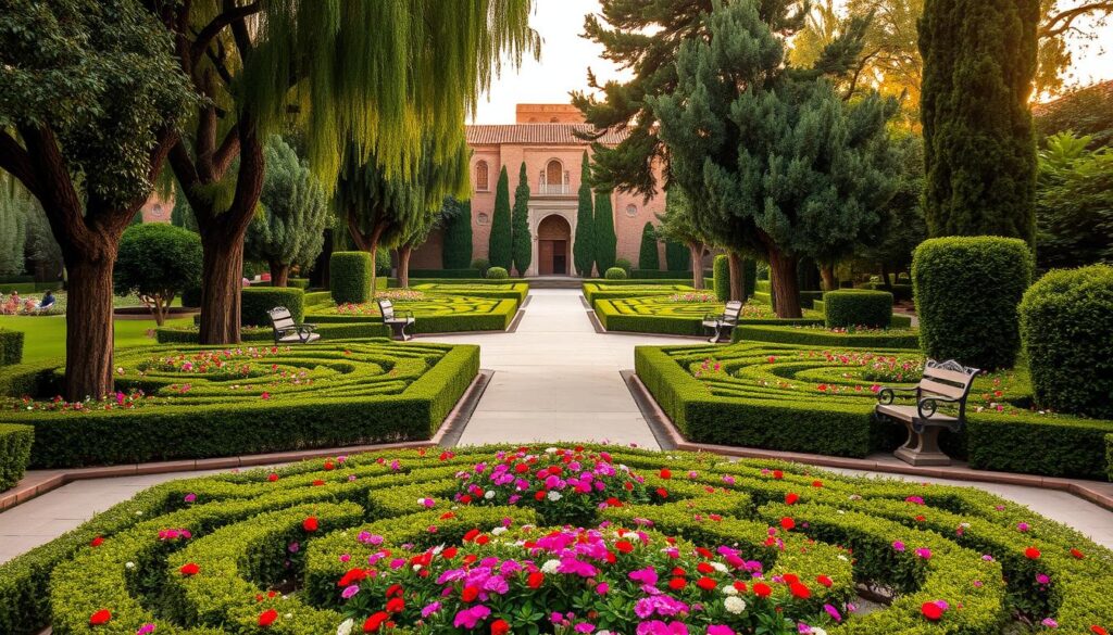 A serene view of Giardini Jnan Sbil, an expansive green oasis in Fez el-Jdid, Morocco. In the foreground, display lush, vibrant flower beds with intricate patterns of colorful blossoms, flanked by manicured hedges. The middle ground should feature meandering pathways lined with elegant stone benches, inviting visitors to rest and enjoy the scenery. In the background, softly illuminated by the golden light of late afternoon, the historic architecture of Fez peeks through the trees, showcasing traditional Moroccan design with ornate tiles and arched doorways. Aim for a warm, inviting atmosphere, capturing a sense of tranquility and cultural heritage, using a high-resolution lens for detailed textures and soft bokeh effects to enhance the depth of the scene.
