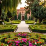 A serene view of Giardini Jnan Sbil, an expansive green oasis in Fez el-Jdid, Morocco. In the foreground, display lush, vibrant flower beds with intricate patterns of colorful blossoms, flanked by manicured hedges. The middle ground should feature meandering pathways lined with elegant stone benches, inviting visitors to rest and enjoy the scenery. In the background, softly illuminated by the golden light of late afternoon, the historic architecture of Fez peeks through the trees, showcasing traditional Moroccan design with ornate tiles and arched doorways. Aim for a warm, inviting atmosphere, capturing a sense of tranquility and cultural heritage, using a high-resolution lens for detailed textures and soft bokeh effects to enhance the depth of the scene.