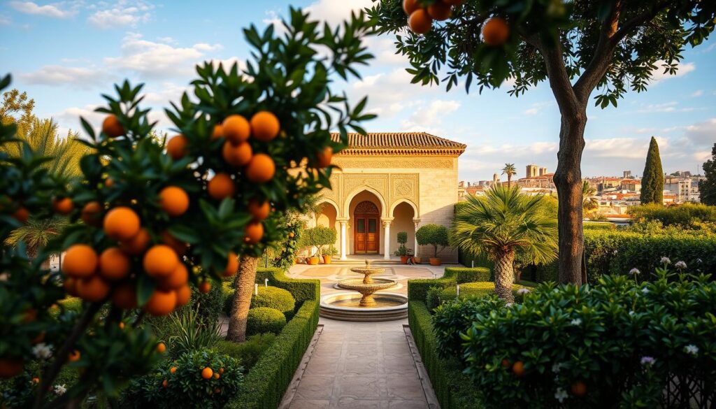 Una vista serena dell’“Architettura dei Giardini Andalusi” a Fez, in Marocco, che mette in risalto giardini rigogliosi adornati da intricati rivestimenti in piastrelle e fontane zampillanti. In primo piano, vivaci alberi di arancio e profumati cespugli di gelsomino incorniciano un sentiero tranquillo che conduce a un cortile finemente progettato, caratterizzato dall’architettura tradizionale marocchina. Il piano intermedio rivela un elegante padiglione ornato, con motivi geometrici e portali ad arco, immerso in una calda luce dorata. Sullo sfondo, l’antico panorama urbano di Fez svanisce in un cielo azzurro tenue, punteggiato da soffici nuvole bianche. Cattura questa scena con una profondità di campo ridotta per enfatizzare i dettagli vividi della flora e dell’architettura, creando un’atmosfera pacifica e accogliente, che richiama il ricco patrimonio culturale dei giardini andalusi.