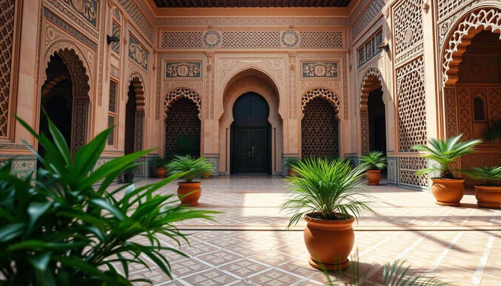 A serene view of the Cortile della Madrasa in Bou Inania, showcasing intricate zellij tile work and ornate stucco carvings in warm earthy tones. In the foreground, lush potted plants add a touch of greenery, framing the elegantly patterned geometric designs on the ground. The middle ground features the stunning entrance of the Madrasa, accentuated by beautifully arched doorways and delicate arabesques. In the background, gentle sunlight filters through intricately carved wooden lattices, creating intricate shadows and a soft, inviting ambiance. Captured from a low angle to enhance the height of the architecture, this image evokes a sense of tranquility and reverence, perfect for illustrating the sacred atmosphere of this architectural masterpiece in Fez, Morocco.