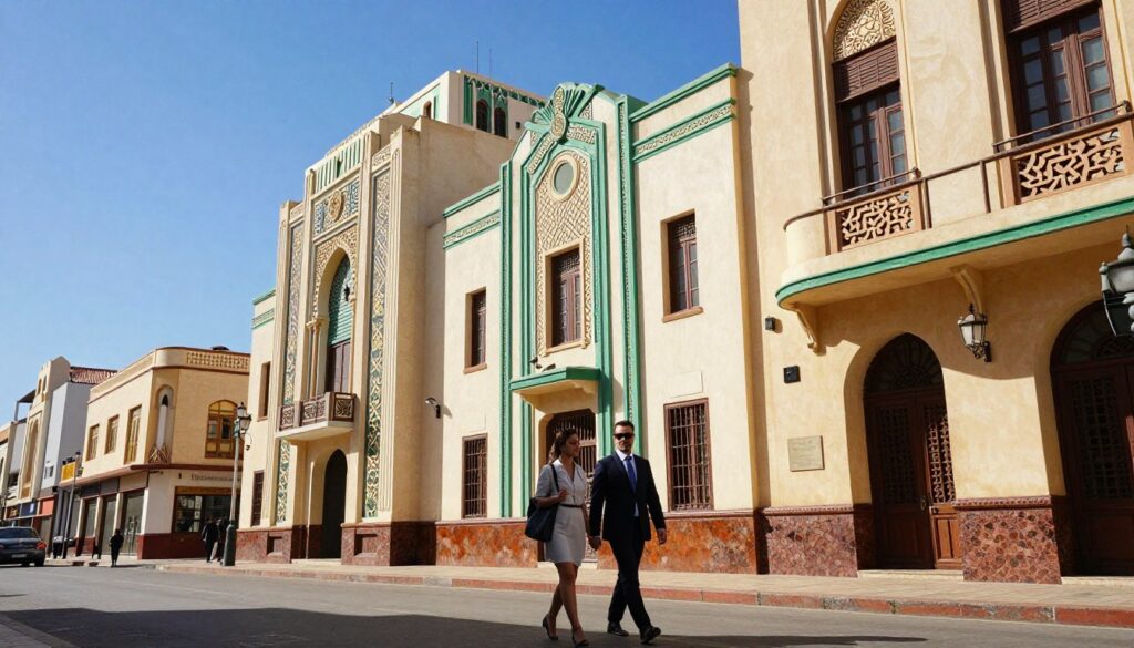 A stunning Art Deco street scene in Casablanca, showcasing the intricate architectural details of vintage buildings. In the foreground, a couple of well-dressed individuals in professional attire stroll along a vibrant, sunlit street, taking in their surroundings. The middle ground features ornate facades with geometric patterns, decorative motifs, and curved elements that embody the Art Deco style. In the background, a clear blue sky complements the warm, natural lighting, enhancing the colors of the architecture. The atmosphere is lively and engaging, reflecting a modern exploration of historic design. Capture this scene with a slight low-angle perspective to emphasize the grandeur of the structures. Esplorando l'architettura Art Déco di Casablanca.