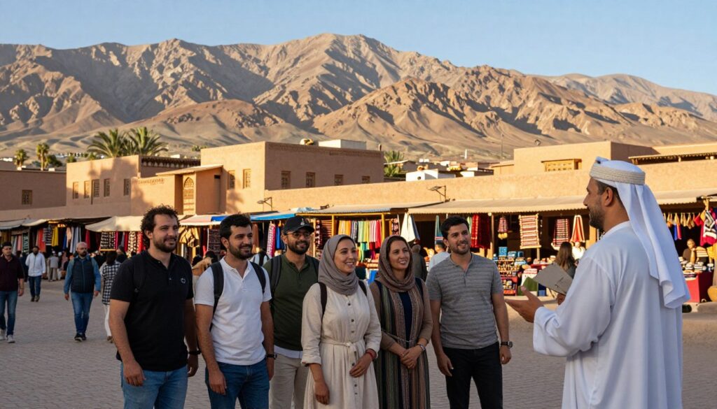 A stunning Moroccan landscape featuring an exclusive tour scene. In the foreground, a diverse group of travelers in modest casual clothing, happily engaging with a local guide, showcasing authentic cultural experiences. In the middle ground, traditional Moroccan architecture, such as vibrant riads and market stalls filled with local goods. The background features the Atlas Mountains bathed in natural light under a clear blue sky, enhancing the picturesque setting. Soft, warm lighting creates a welcoming and adventurous atmosphere, capturing the essence of unique Moroccan holidays. The image should convey excitement and authenticity, inviting viewers to explore the wonders of Morocco. Persone che visitano il mercato marocchino, paesaggio suggestivo.