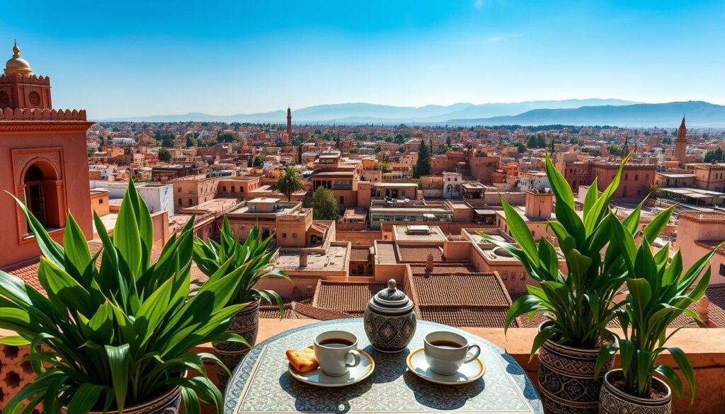 A stunning panoramic view of Fez, Morocco, showcasing the historic cityscape from a rooftop terrace. In the foreground, a beautifully arranged table with traditional Moroccan coffee and pastries. Lush green plants in decorative pots frame the scene, adding a touch of life and color. In the middle ground, you can see the intricate architecture of the old Medina, with its vibrant tiles and ornate details. The background features the Atlas Mountains under a clear blue sky, bathed in warm afternoon sunlight, creating an inviting atmosphere. Use a wide-angle lens to enhance the depth and capture the bustling life of the city below, portraying an authentic, non-touristic ambiance.