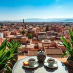 A stunning panoramic view of Fez, Morocco, showcasing the historic cityscape from a rooftop terrace. In the foreground, a beautifully arranged table with traditional Moroccan coffee and pastries. Lush green plants in decorative pots frame the scene, adding a touch of life and color. In the middle ground, you can see the intricate architecture of the old Medina, with its vibrant tiles and ornate details. The background features the Atlas Mountains under a clear blue sky, bathed in warm afternoon sunlight, creating an inviting atmosphere. Use a wide-angle lens to enhance the depth and capture the bustling life of the city below, portraying an authentic, non-touristic ambiance.