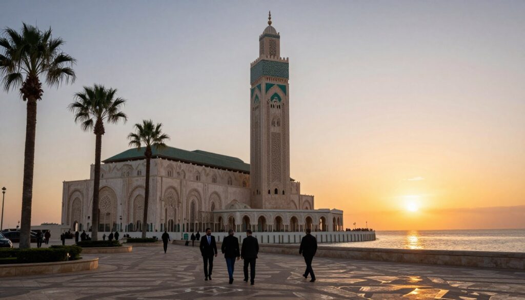 A stunning view of the Hassan II Mosque in Casablanca, highlighting its intricate minaret and architecture against a vibrant sunset. In the foreground, include a beautifully landscaped plaza with palm trees, where a few people in professional attire stroll casually, capturing the essence of city life. The middle ground features the mosque's majestic façade, showcasing the detailed tile work and arches. In the background, the Atlantic Ocean glistens with reflected light from the sun setting on the horizon. Use natural light to enhance the scene, emphasizing the warm tones of the sunset and the soft shadows. Aim for a serene, inviting atmosphere, demonstrating cultural richness and iconic beauty. Un'immagine fotorealistica della Moschea Hassan II al tramonto.