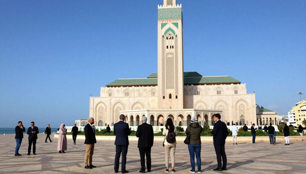 A stunning view of the Hassan II Mosque in Casablanca, showcasing its magnificent architecture and intricate details. The foreground features a well-maintained plaza with visitors dressed in professional business attire and modest casual clothing, admiring the mosque. In the middle ground, the grand entrance of the mosque stands tall, adorned with traditional Moroccan patterns and surrounded by lush greenery. The background showcases the vibrant cityscape of Casablanca under a clear blue sky, with distant hills framing the horizon. The lighting is natural, highlighting the mosque's ornate minaret and reflecting its grandeur. The mood is informative and respectful, capturing the mosque's urban impact in the context of modern architecture. Alt text in italiano: Vista della Moschea Hassan II a Casablanca.
