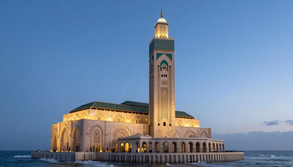 A stunning view of the Hassan II Mosque's minaret in Casablanca at twilight, showcasing its intricate details and architectural innovations. The foreground features the majestic minaret soaring high, adorned with ornate tile work and delicate carvings. In the middle ground, the mosque's grand facade reflects the soft glow of laser beams lighting up the building, emphasizing its modern technological features. The background captures a serene ocean setting with gentle waves lapping against the shore, under a deep blue sky transitioning to dusk. Natural light illuminates the scene, creating an ethereal atmosphere. The image should possess a photorealistic quality using a wide-angle lens to capture the expansive beauty of this iconic structure. Minareto moschea Hassan II illuminato da luci laser.
