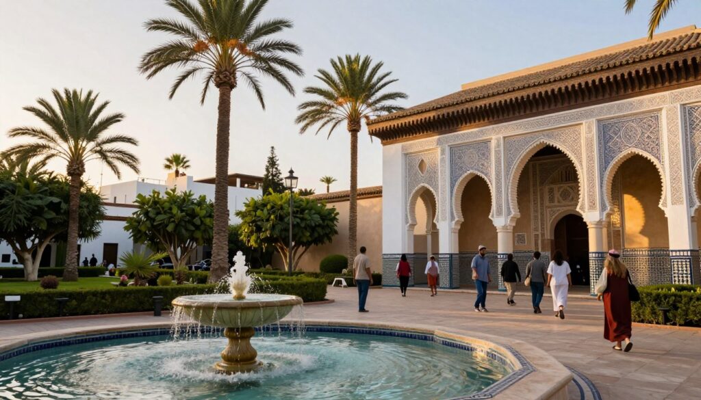 A stunning view of the Mahkama Pacha architecture in the Quartiere Habous of Casablanca, showcasing intricate arches and elegant porticos adorned with ornate tile work. In the foreground, a gentle fountain cascades, providing a serene ambiance, while authentically dressed visitors in modest casual clothing stroll along the pathways. The middle ground features towering palm trees and well-maintained gardens, enhancing the vibrant atmosphere. In the background, the unique blend of Moroccan and modern architectural elements rise under soft, natural lighting from a golden hour sunset. The scene captures a peaceful yet lively essence, reflecting the harmonious coexistence of traditional and contemporary design. Alt-text: Architettura Mahkama Pacha, archi e fontane.