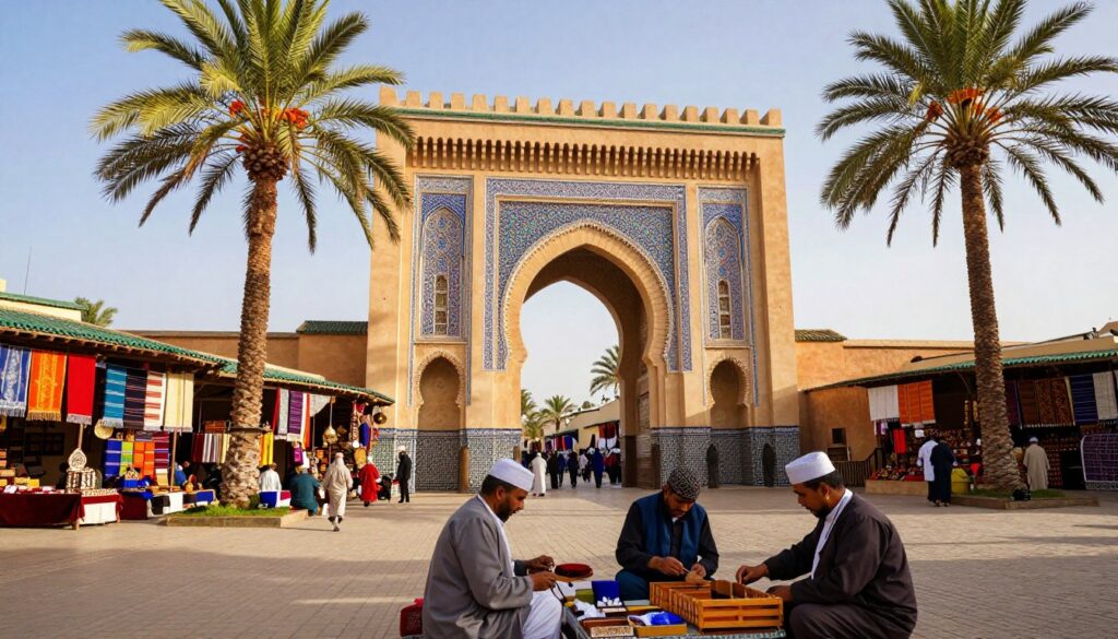 A stunning view of the Porta Bab al-Bordj in Meknes, Morocco, showcasing its intricate architectural details with vibrant tiles and towering arched doorways. In the foreground, local artisans work with wood and textiles, adding authenticity to the scene. The middle ground features the monumental gate framed by palm trees, bathed in warm, natural sunlight, creating a welcoming atmosphere. The background reveals the bustling souks with colorful fabrics and traditional Moroccan handicrafts, enhancing the cultural richness of Meknes. The image should be captured at eye level, using a wide-angle lens to encompass the grandeur of the gate and its surroundings, conveying a lively and inviting mood.