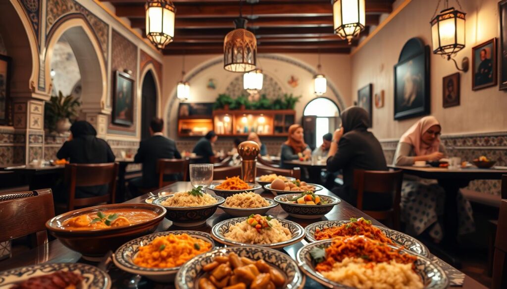 A traditional Moroccan restaurant in Fez, showcasing an authentic dining experience. In the foreground, a beautifully arranged table with ornate ceramic dishes filled with traditional Fassi delicacies, such as tagine, couscous, and colorful salads, garnished with fresh herbs. Soft, warm lighting illuminates the scene, casting gentle shadows. The middle ground features a beautifully decorated interior with intricate mosaic tiles, patterned textiles, and low wooden beams that add an inviting atmosphere. In the background, traditional lanterns hang from the ceiling, enhancing the warm ambiance, while diners in modest casual clothing enjoy their meals. The camera angle is slightly above eye level, providing an immersive view of the lively yet intimate setting. The mood is warm and welcoming, inviting viewers to experience the essence of traditional Moroccan hospitality.