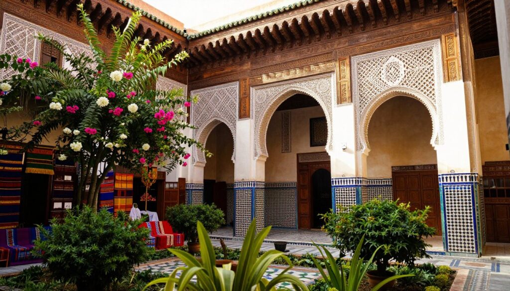 A traditional riad in the heart of the Medina of Meknes, featuring intricate artisan woodwork and vibrant textiles. In the foreground, a charming courtyard dotted with lush greenery and cascading flowers, illuminated by warm, natural light filtering through ornate latticework. The middle ground reveals elegantly tiled walls and decorative archways, evoking a sense of authentic Moroccan architecture. In the background, glimpses of bustling souks and colorful market stalls can be seen, adding to the lively atmosphere. The composition is captured from a low angle, enhancing the depth of the scene and inviting the viewer into this serene oasis. The overall mood is tranquil and inviting, showcasing the warmth and rich culture of Meknes.