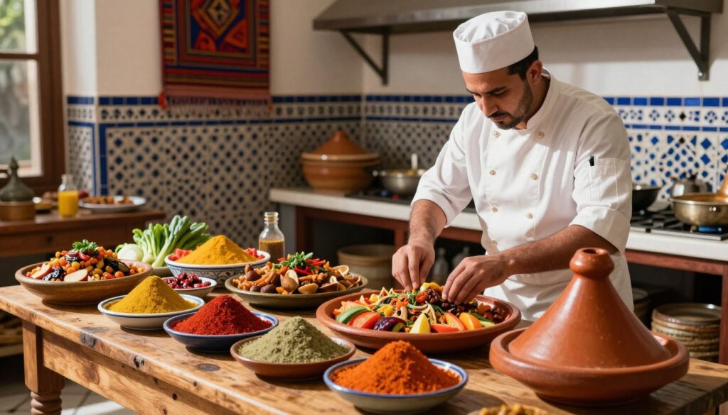A vibrant Moroccan kitchen scene showcasing the secrets of Casablanca's culinary delights. In the foreground, a rustic wooden table is laden with colorful spices, fresh vegetables, and traditional Moroccan tagines. A skilled chef, dressed in modest, professional attire, carefully prepares an intricate dish, their focused expression illuminating the artistry of cooking. In the middle ground, an array of colorful dishes represents both local and international cuisine, enticingly displayed. The background features a warm, sunlit kitchen with intricate tile work and vibrant textiles, enhancing the atmosphere. Natural light floods the space, casting soft shadows and highlighting the rich textures of the ingredients. The mood is warm, inviting, and celebratory of culinary craftsmanship. Fotorealismo, luce naturale, cucina marocchina autentica.