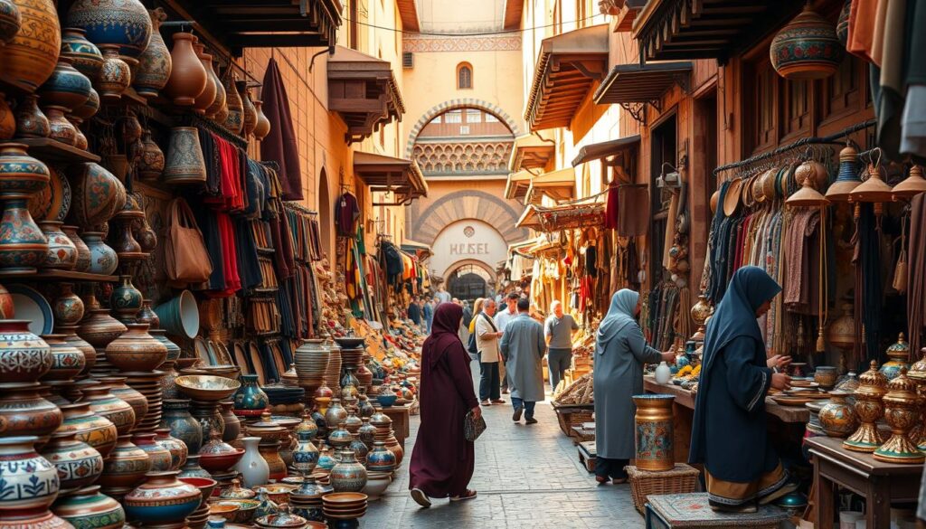  Shopping nei souk di Fez con borse in pelle colorate esposte in un vicolo della medina.