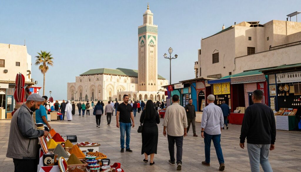 A vibrant and bustling street scene in Casablanca during a sunny day, showcasing a diverse group of authentic people in modest casual clothing exploring the city. In the foreground, a local street vendor selling Moroccan spices and handicrafts, while tourists admire the intricate architecture of nearby buildings. In the middle ground, a beautiful view of the iconic Hassan II Mosque, with its stunning minaret bathed in natural light. The background features colorful market stalls and palm trees, creating a lively atmosphere filled with warmth and excitement. The scene should evoke a sense of adventure and cultural immersion, with soft, natural lighting and a slightly angled perspective to capture the essence of a day spent discovering Casablanca. Alt text: Scena di vita quotidiana a Casablanca, persone autentiche.