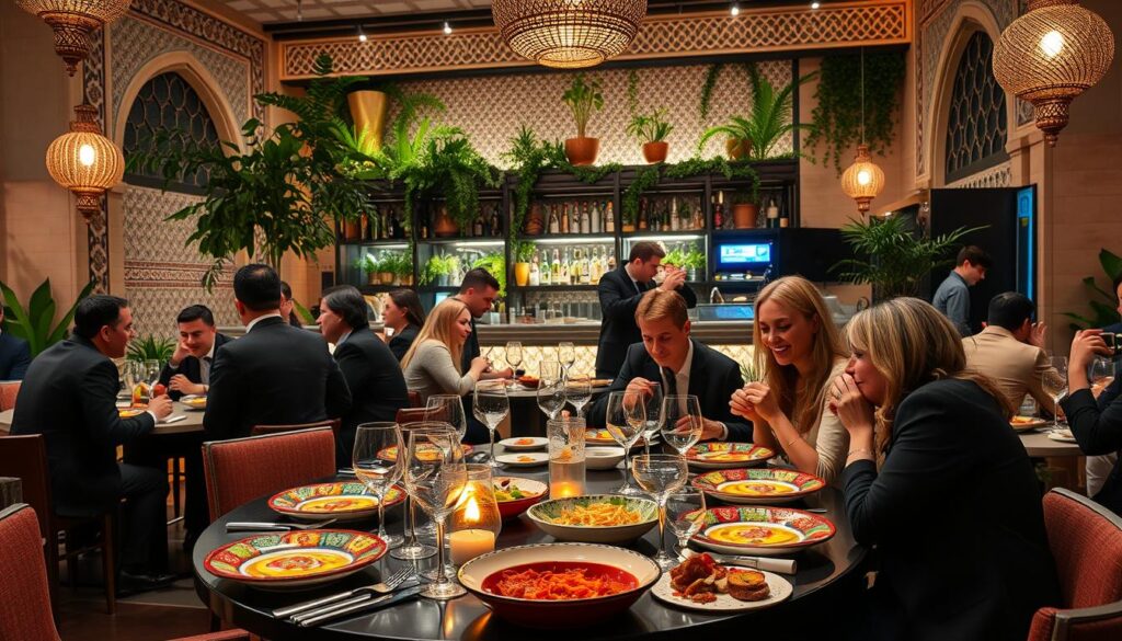 A vibrant bar scene in Meknes, showcasing a modern interpretation of Moroccan design. In the foreground, a beautifully arranged table with colorful, traditional Moroccan dishes and elegant glassware, illuminated by warm, inviting light. Moving to the middle ground, a diverse group of patrons enjoying their meals, dressed in smart casual attire, their expressions reflecting joy and engagement. The background features the bar itself, adorned with intricate tilework and modern fittings, complemented by lush greenery and soft ambient lighting. The atmosphere is lively yet intimate, capturing the essence of culinary exploration in a contemporary setting. The angle is slightly elevated, allowing a panoramic view of the bustling activity, highlighting the charm of Meknes as a culinary destination.