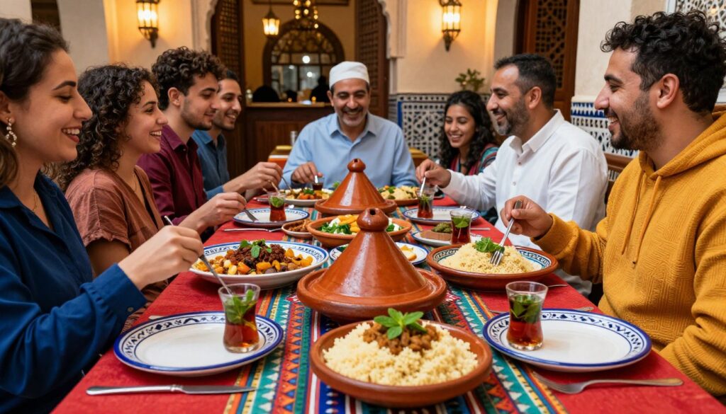 A vibrant dining scene in Casablanca showcasing a traditional Moroccan culinary experience. In the foreground, a beautifully arranged table with an array of colorful dishes including tagine, couscous, and fresh mint tea. Authentic ceramic plates and vibrant table linens add richness to the setting. In the middle ground, a group of diverse people in bright and modest clothing joyfully sharing their meals and laughter, reflecting a sense of community and enjoyment. In the background, a softly lit Moroccan restaurant interior with intricate tile work and warm ambient lighting, creating an inviting atmosphere. The mood is lively and welcoming, with natural light filtering through arched windows, enhancing the colors and textures of the meal. The lens captures a wide-angle view, immersing the viewer in this local gastronomic delight. Cibo marocchino, tavoli colorati, atmosfera vivace.