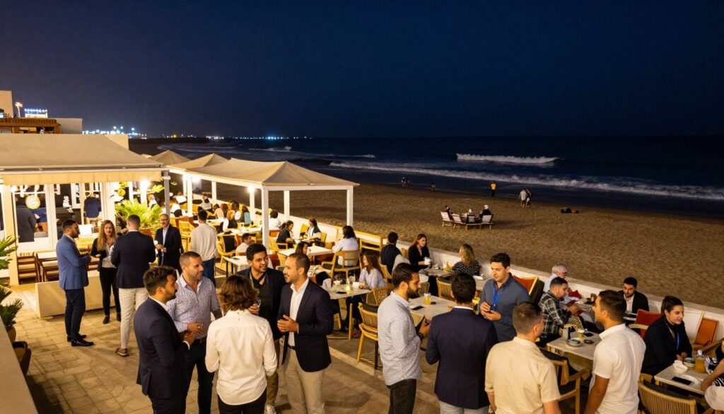 A vibrant night scene at Ain Diab in Casablanca, showcasing the lively atmosphere along the beach promenade. In the foreground, a diverse group of people dressed in smart casual clothing engage in conversation and laughter, illuminated by warm, natural lighting. In the middle, stylish cafes and restaurants with outdoor seating are bustling, with patrons enjoying their meals and drinks. The background reveals the shimmering Atlantic Ocean under a starlit sky, with gentle waves softly lapping at the shore. The image captures the essence of nightlife and the relaxing beach vibe, evoking a sense of joy and community. Shot with a wide-angle lens to emphasize the vibrant scene and the beautiful coastal landscape. Mare e vita notturna ad Ain Diab a Casablanca.