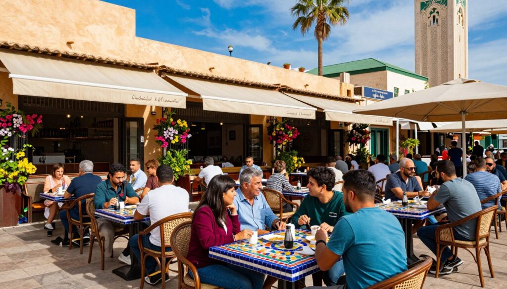 A vibrant outdoor street scene in Casablanca featuring a variety of budget restaurants. In the foreground, a small group of people in modest casual clothing are engaging in vibrant conversation at a colorful, mosaic-tiled table. The middle ground showcases charming, inviting restaurant facades with awnings and outdoor seating adorned with local flowers. The background reveals the iconic architecture of Casablanca, with palm trees and a bright blue sky providing natural lighting that creates a warm, inviting atmosphere. The lens captures the scene from an eye-level angle, emphasizing the diverse culinary experiences available. The overall mood is lively and welcoming, perfect for food lovers exploring affordable dining options. Esperienze culinarie a Casablanca, tavoli all'aperto, persone felici.