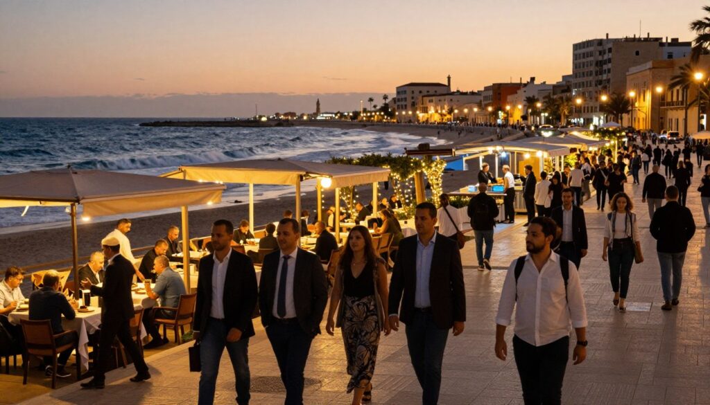A vibrant portrayal of the transformation of the Casablanca waterfront, La Corniche, featuring a bustling night scene in 2026. In the foreground, a diverse group of people in professional business attire and modest casual clothing walk along the promenade, enjoying the lively atmosphere. In the middle ground, restaurateurs set up outdoor dining areas with warm lighting, while performers entertain passersby under twinkling fairy lights. The background showcases a beautiful sunset over the Atlantic Ocean, with waves gently lapping at the shore and historic architecture illuminated by soft street lighting. Utilize natural lighting to enhance the warm, inviting mood, capturing the essence of a vibrant nightlife. ALT text: Trasformazione del lungomare di Casablanca di notte.