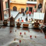 Una scena vibrante e realistica che raffigura una mappa guida dettagliata di Fez, Marocco, disposta su un tavolo di legno rustico. In primo piano, la mappa presenta disegni intricati e quartieri etichettati, con indicatori che segnalano i punti di interesse. Sparsi intorno alla mappa ci sono tradizionali manufatti marocchini: una piccola lanterna ornata, un set da tè dal design intricato e tessuti locali colorati. Nel piano intermedio, una vista serena dalla finestra rivela le affascinanti strade della medina, mostrando l'architettura piastrellata e la vivace vita quotidiana. Lo sfondo cattura il caldo bagliore della luce del sole del tardo pomeriggio che filtra attraverso, creando un'atmosfera accogliente. L'inquadratura è realizzata come se fosse scattata con un obiettivo da 50mm, fornendo una profondità di campo ridotta che sfoca delicatamente gli elementi dello sfondo. Nel complesso, l'atmosfera è informativa ma invitante, riflettendo l'essenza della ricca cultura e storia di Fez.